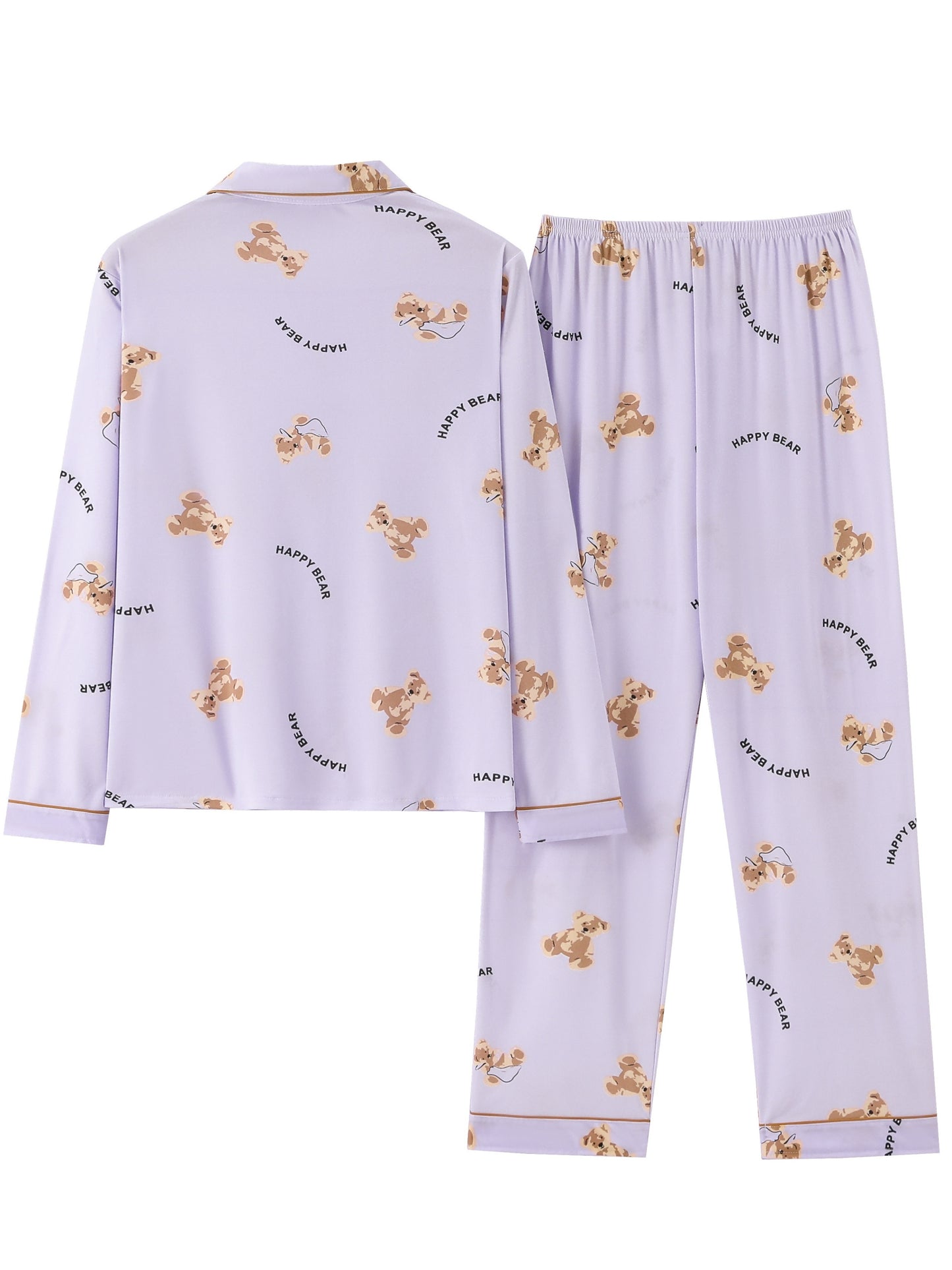 Cartoon Bear Print Pajama Set, Cute Lapel Long Sleeve Blouse Top & Elastic Waistband Pants, Women's Loungewear & Sleepwear