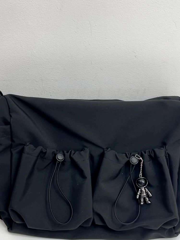Drawstring Detail Crossbody Bag, Large Capacity Shoulder Bag, Fashion Zipper Bag With Bag Charm