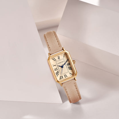 LUCKYFOX Women'S Elegant Vintage Square Roman Numeral Quartz Watch with Brown Faux Leather Strap, Golden-Tone Case & Dial - Non, Battery Operated, Luxury Accessory, Luxury Wristwatch, Classic Watch Design, Durable Watchband