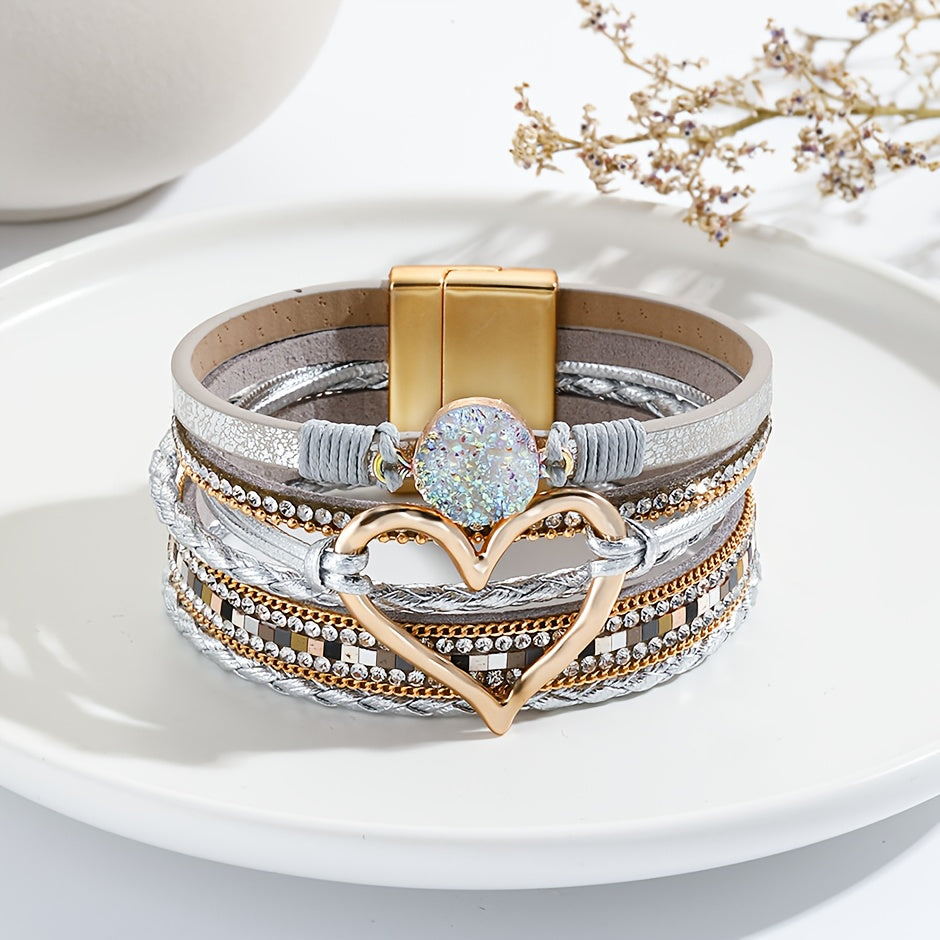 [Elegant] Boho Chic Love Heart Magnetic Clasp Bracelet - Multi-Layer PU Leather with Black Braided Design & Crystal Accents, Golden-Tone Metal Heart Pendant, Everyday Bohemian Style Jewelry for Women, Heart Jewelry