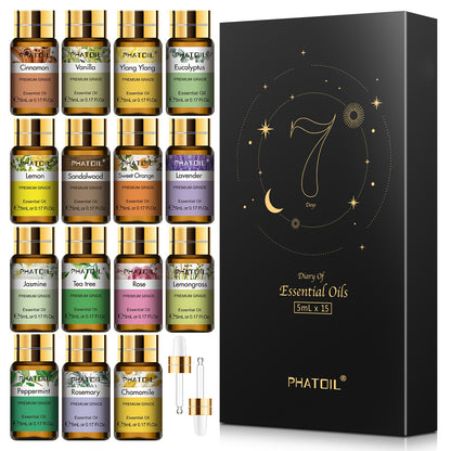1pc Premium Essential Oils Set, Oils Gift Set 15pcsx5ml For Diffuser, Humidifier, Eucalypltus Ylang Ylang Vanilla Cinnamon Lavender Orange Sandalwood Lemon Lemongrass Rose Tea Tree Jasmine Chamomile Rosemary Peppermint