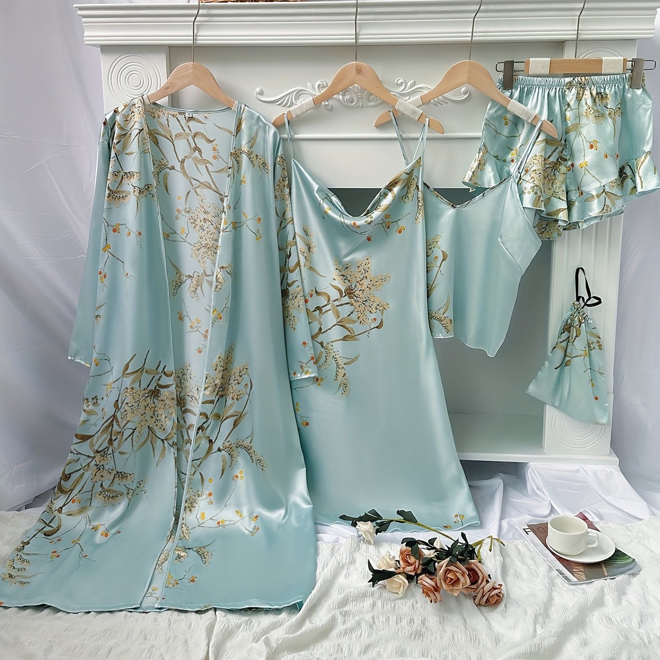 4pcs Floral Print Pajamas Set, Long Sleeve Robe + Cami Dress + Cami Top + Ruffle Hem Shorts, Women's Loungewear & Sleepwear
