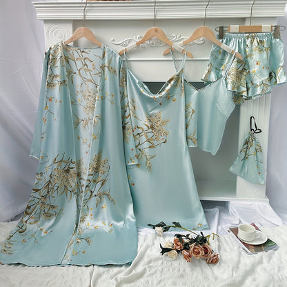 4pcs Floral Print Pajamas Set, Long Sleeve Robe + Cami Dress + Cami Top + Ruffle Hem Shorts, Women's Loungewear & Sleepwear