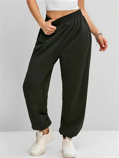 Women's Solid Elastic Sweatpants, Casual High Waist Sweatpants, Casual Every Day Pants, Women's Clothing