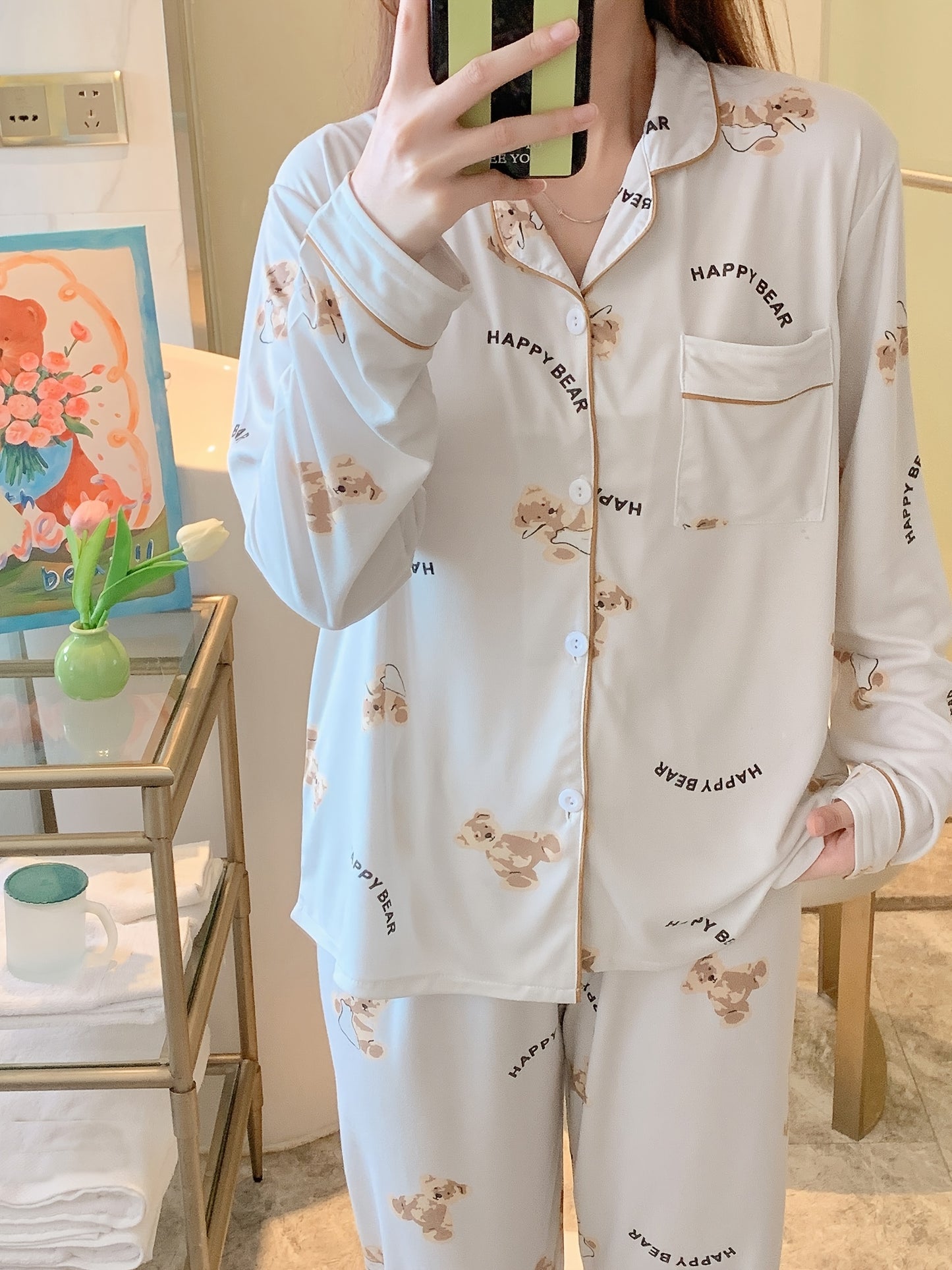 Cartoon Bear Print Pajama Set, Cute Lapel Long Sleeve Blouse Top & Elastic Waistband Pants, Women's Loungewear & Sleepwear