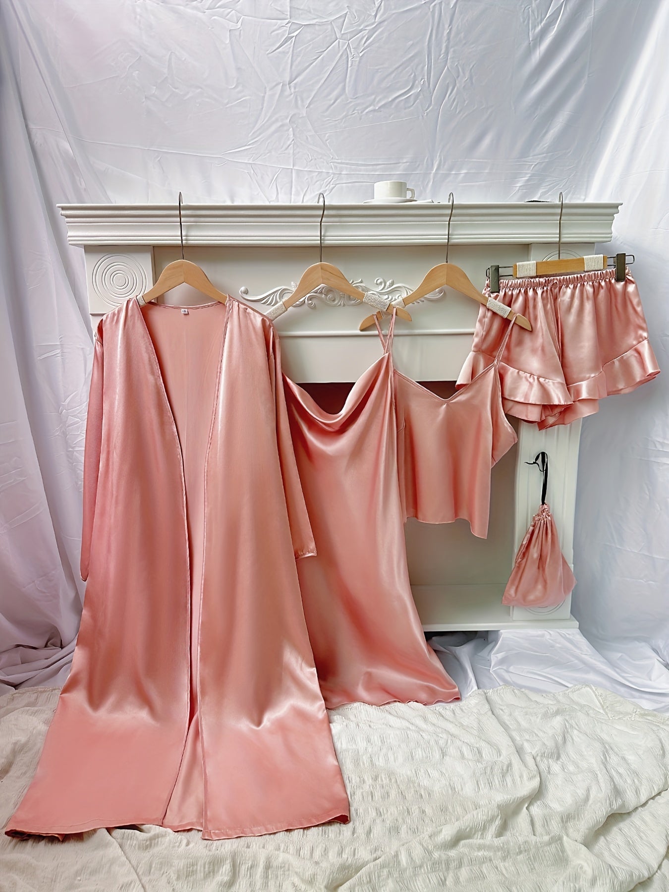 4pcs Floral Print Pajamas Set, Long Sleeve Robe + Cami Dress + Cami Top + Ruffle Hem Shorts, Women's Loungewear & Sleepwear