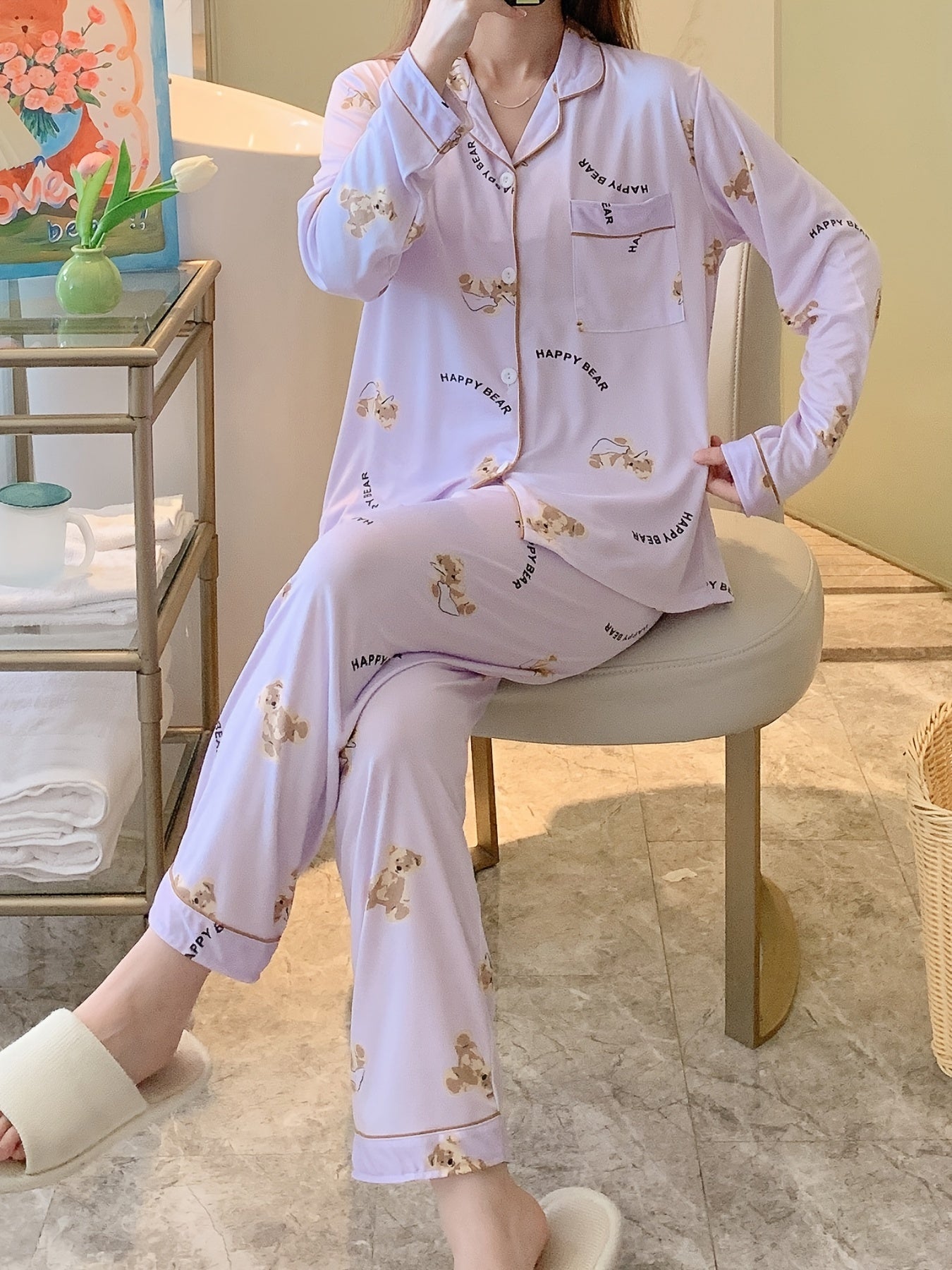 Cartoon Bear Print Pajama Set, Cute Lapel Long Sleeve Blouse Top & Elastic Waistband Pants, Women's Loungewear & Sleepwear