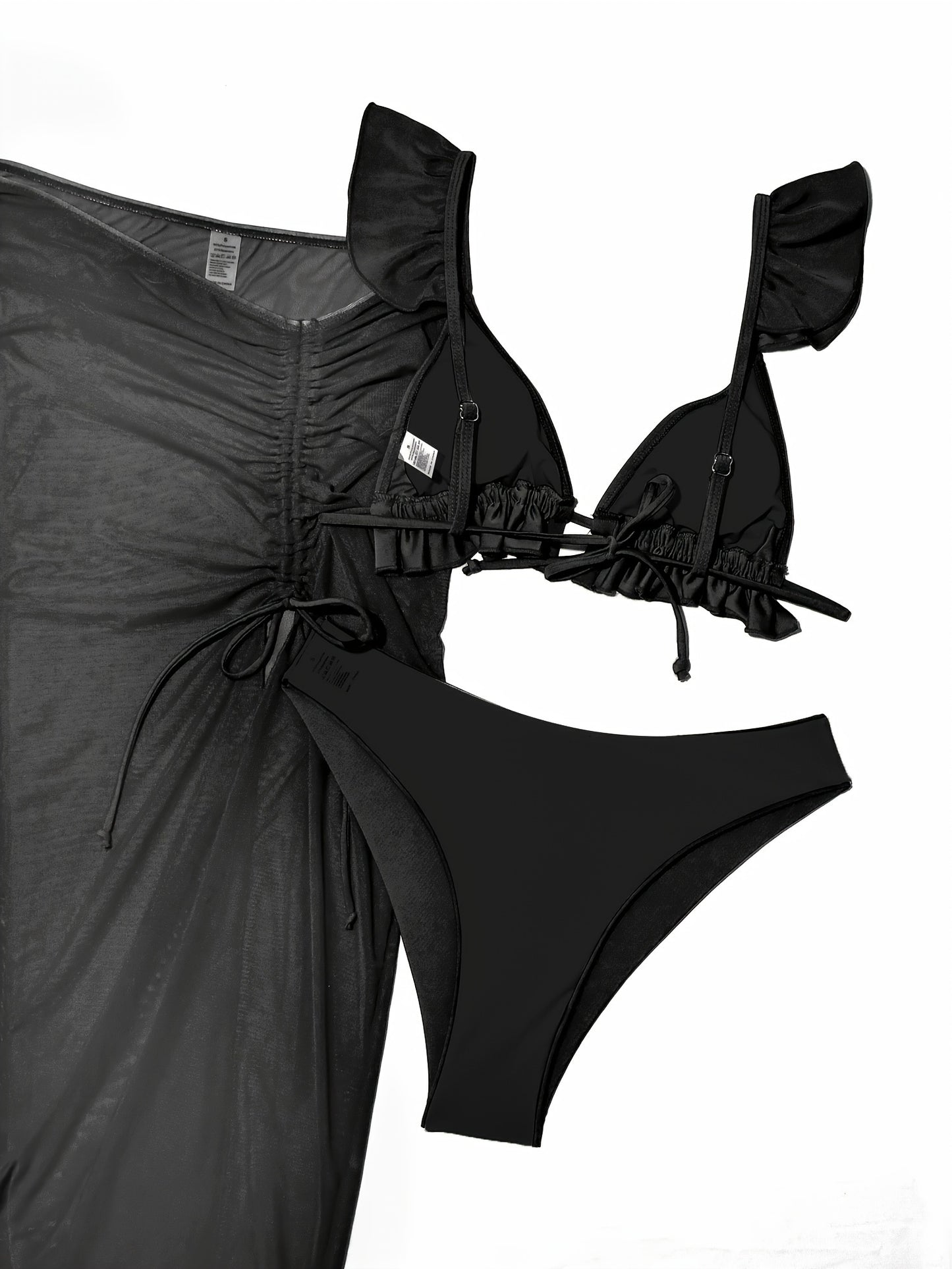 3-Pieces Lettuce Trim Bikini Sets, Deep V Neck High Cut Cover Up Skirt Solid Color Bathing Suit, Women's Swimwear & Clothing