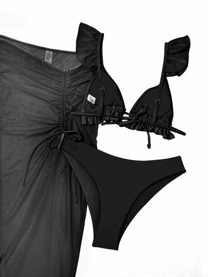 3-Pieces Lettuce Trim Bikini Sets, Deep V Neck High Cut Cover Up Skirt Solid Color Bathing Suit, Women's Swimwear & Clothing