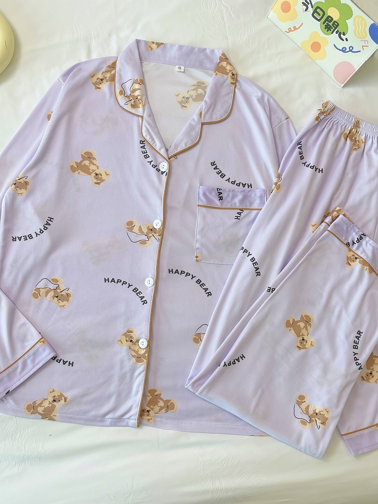 Cartoon Bear Print Pajama Set, Cute Lapel Long Sleeve Blouse Top & Elastic Waistband Pants, Women's Loungewear & Sleepwear