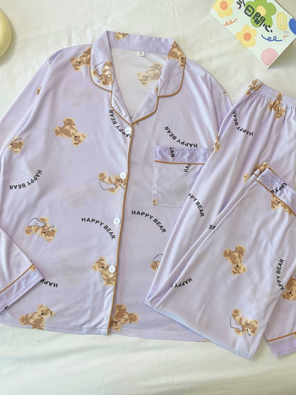 Cartoon Bear Print Pajama Set, Cute Lapel Long Sleeve Blouse Top & Elastic Waistband Pants, Women's Loungewear & Sleepwear
