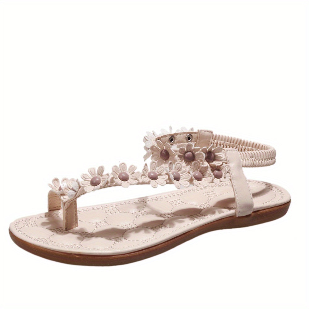 Women's Boho Flower Decor Flat Sandals, Toe Loop Elastic Strap Slip On Anti-skid Shoes, Casual Beach Travel Sadals