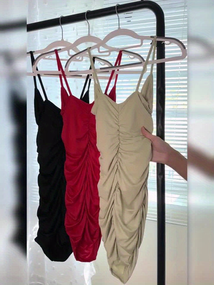 Elegant Black V-Neck Spaghetti Strap Bodycon Dress for Women - Sexy Ruched Mini with High Stretch Fabric, Machine Washable - Perfect for Summer Events, Spaghetti Suspender Dress