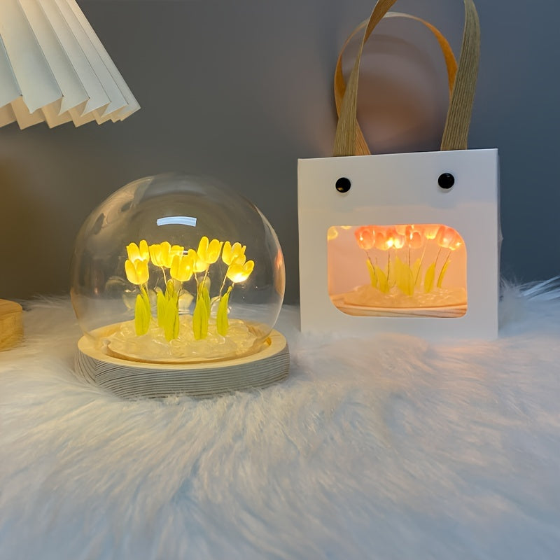 1pc Tulips Gifts For Women Flower Gifts For Her Gifts For Women Birthday Xmas Gift For Mom, Artificial Decor In Glass Dome With Led Light Night Light, Women Gifts For Her, Mom, Christmas Gift