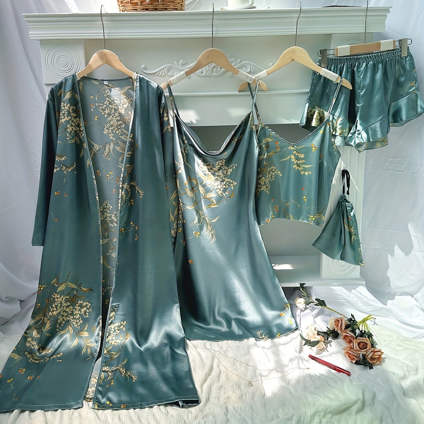 4pcs Floral Print Pajamas Set, Long Sleeve Robe + Cami Dress + Cami Top + Ruffle Hem Shorts, Women's Loungewear & Sleepwear