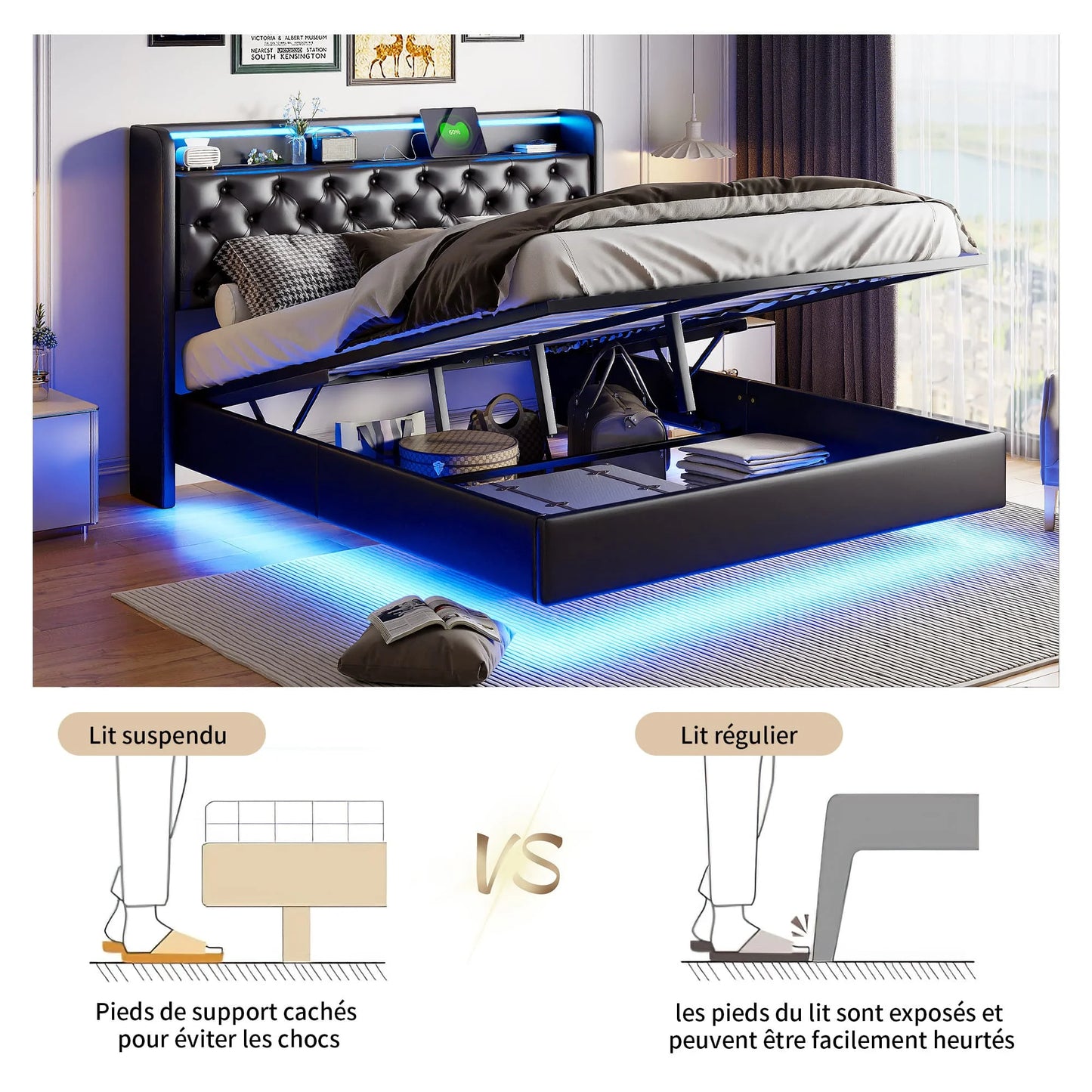 Łóżko MGMYM 140/160x200cm LED RGB USB - Tapicerowane Floating Design