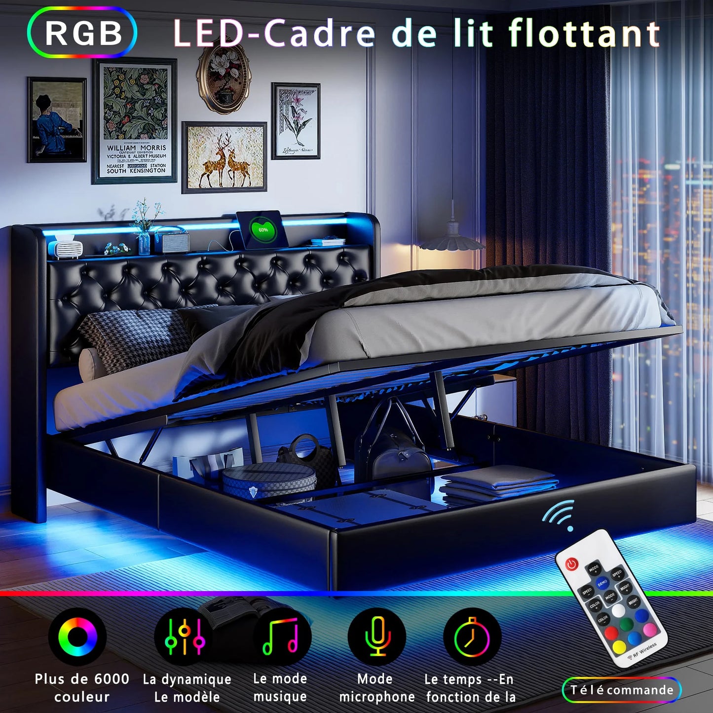 Łóżko MGMYM 140/160x200cm LED RGB USB - Tapicerowane Floating Design