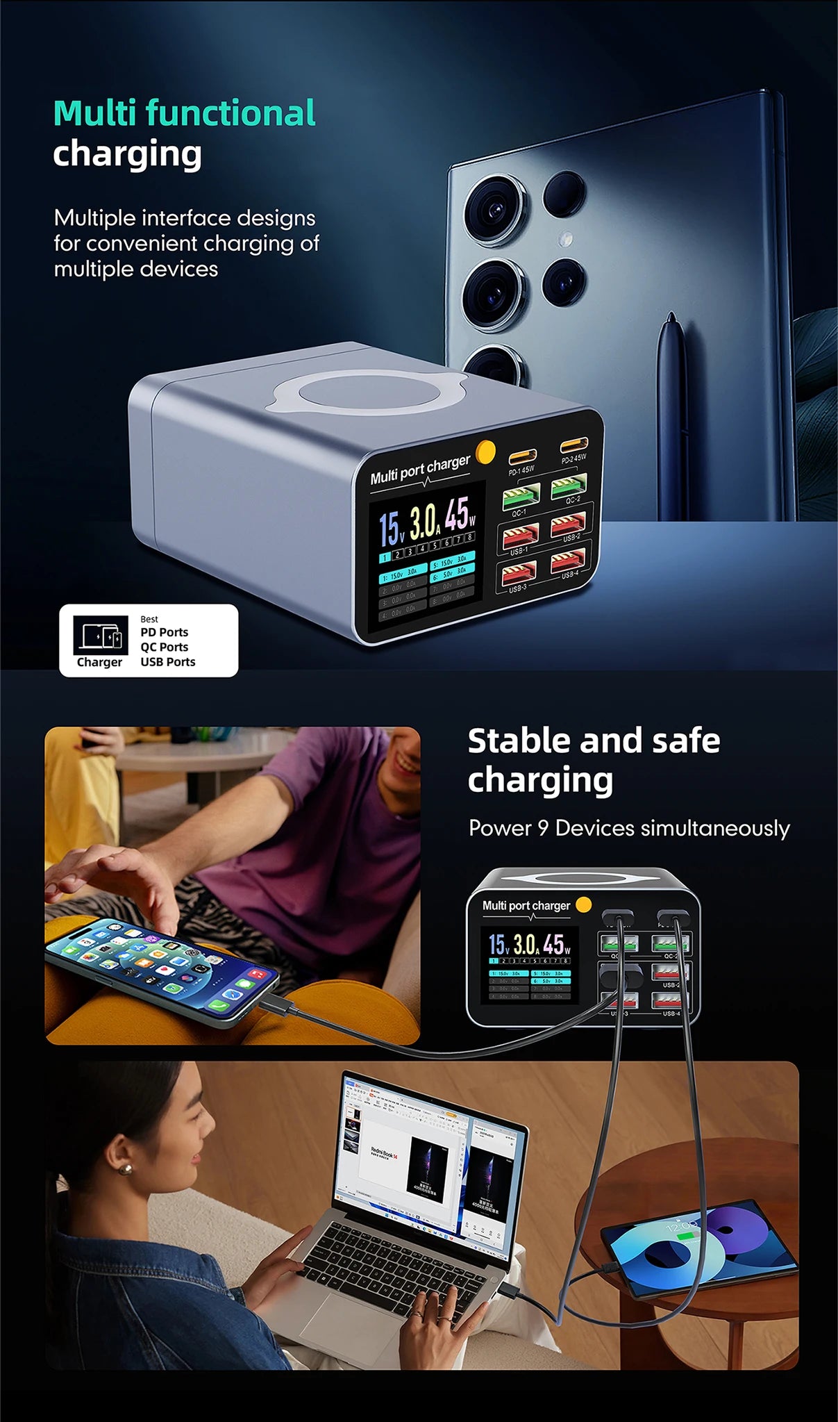 Ładowarka 80W/120W 8 Portów USB Type-C Wireless PD QC3.0 - Stacja Ładująca