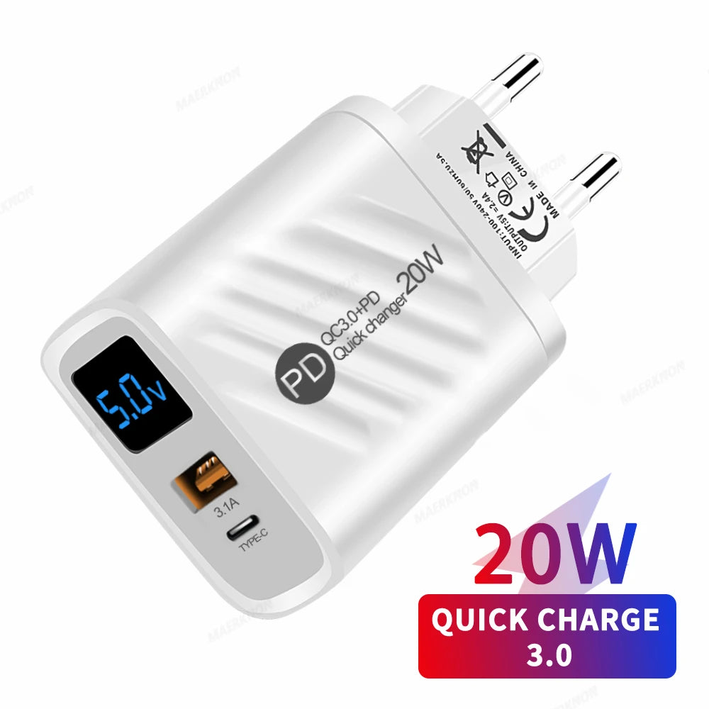 Ładowarka PD 20W USB-C z Wyświetlaczem LED - Quick Charge 3.0