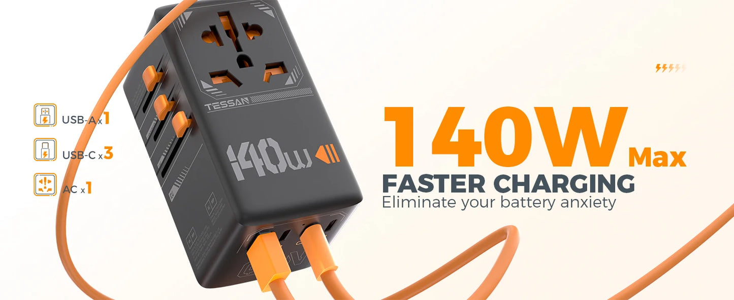 Adapter Podróżny TESSAN 140W GaN - Uniwersalny EU/UK/US/AUS + 4x USB