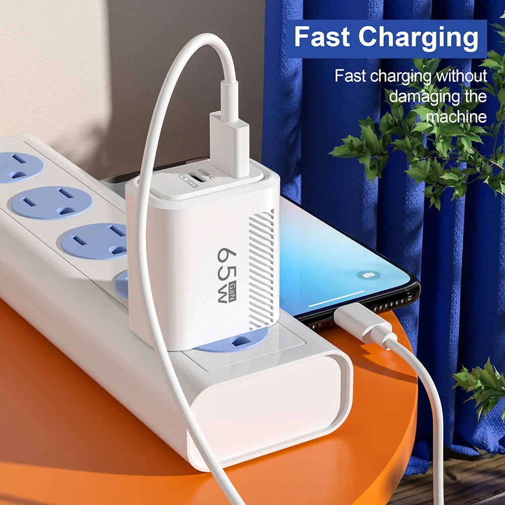 Ładowarka GaN 65W PD Type C - Quick Charge dla iPhone Samsung EU/US