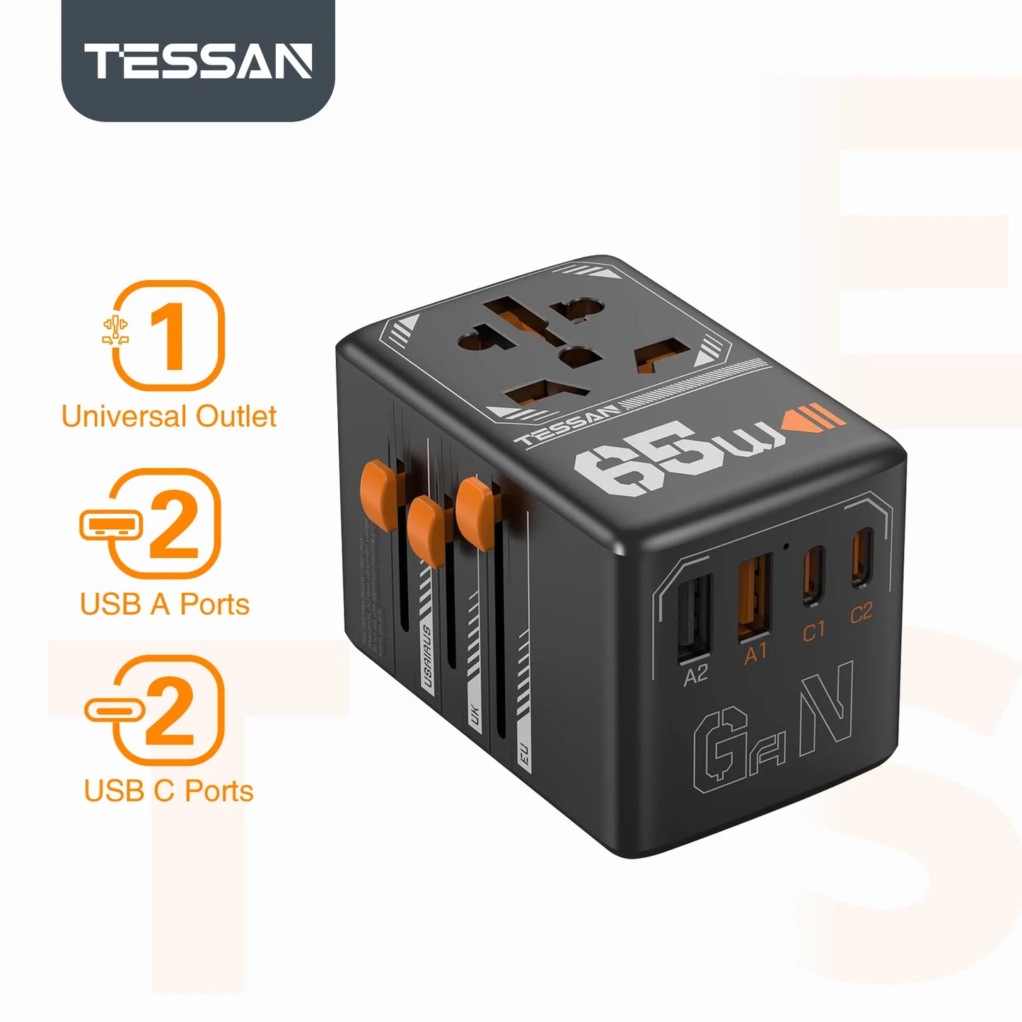 Adapter Podróżny TESSAN 140W GaN - Uniwersalny EU/UK/US/AUS + 4x USB