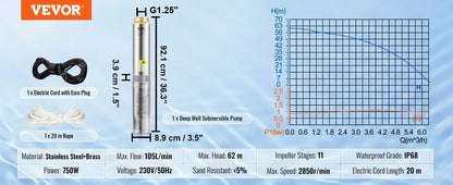 Pompa Głębinowa SucceBuy 370W/550W/750W/1100W - Stal Nierdzewna Deep Well Submersible