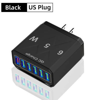 Ładowarka 65W 6 Portów USB QC3.0 - Podróżna iPhone 14 Samsung Xiaomi EU/US/UK