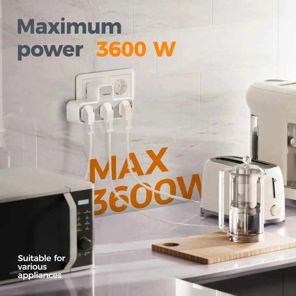 Listwa Zasilająca TESSAN 3 Gniazdka EU - Przedłużacz Ścienny z Ochroną Przeciążeniową