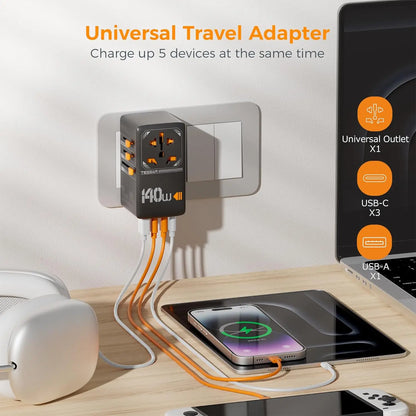Adapter Podróżny TESSAN 140W GaN - Uniwersalny EU/UK/US/AUS + 4x USB