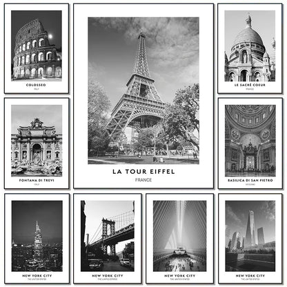 Minimalistyczny Plakat Czarno-Biały Miasta Nowy Jork Paryż Rzym - Obraz na Płótnie Dekoracja Ścienna