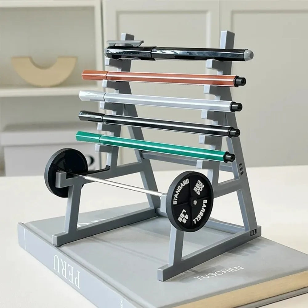 Stojak na Długopisy w Kształcie Stojaka na Sztangę - Metalowy Organizer Fitness Motyw Siłowni