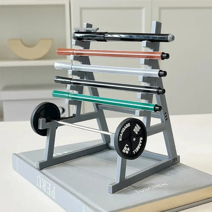 Stojak na Długopisy w Kształcie Stojaka na Sztangę - Metalowy Organizer Fitness Motyw Siłowni
