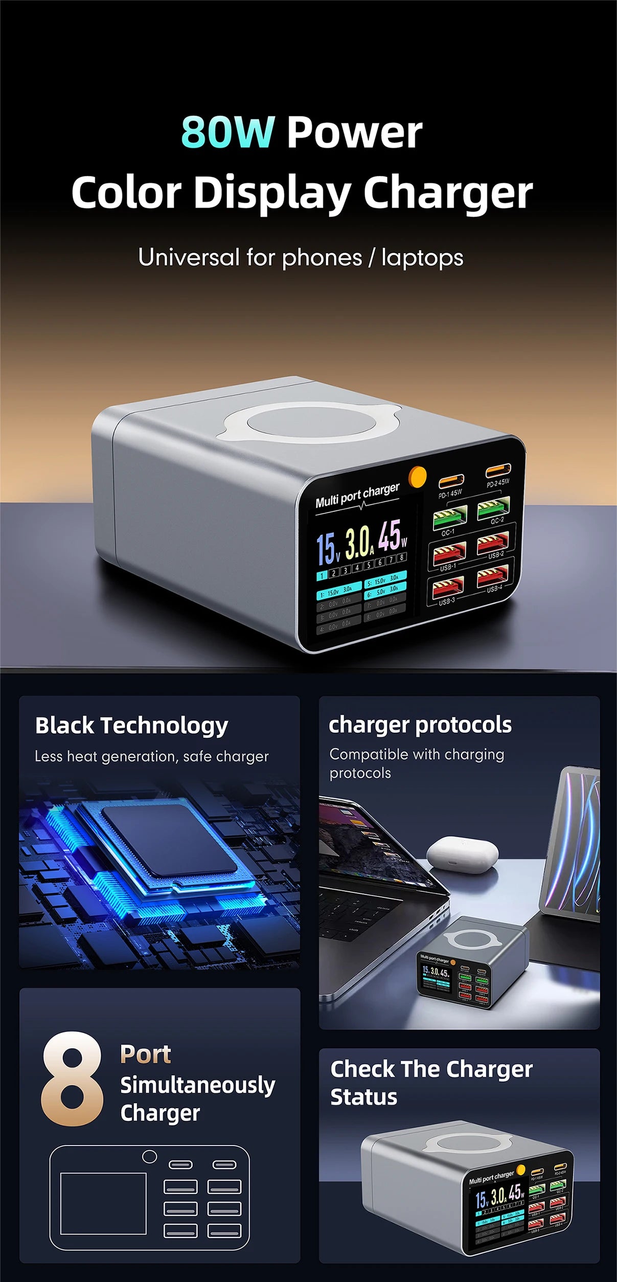 Ładowarka 80W/120W 8 Portów USB Type-C Wireless PD QC3.0 - Stacja Ładująca