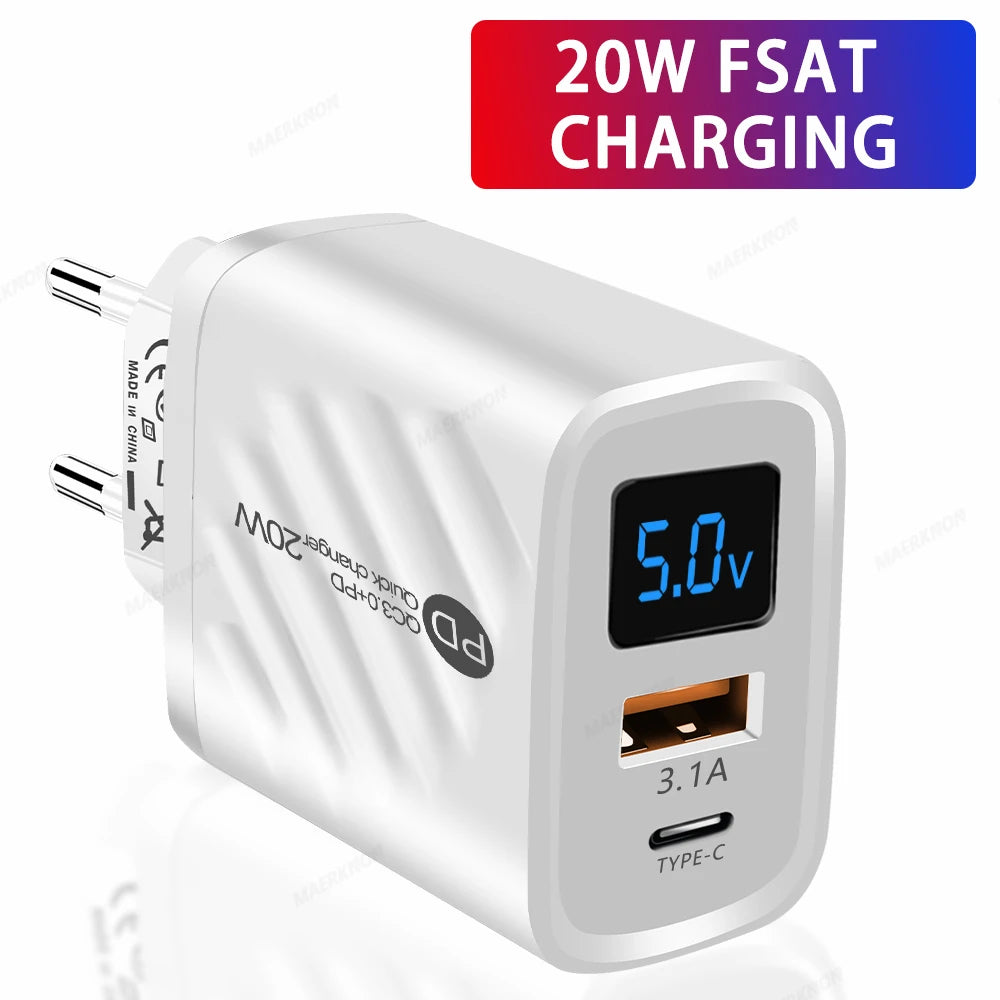 Ładowarka PD 20W USB-C z Wyświetlaczem LED - Quick Charge 3.0