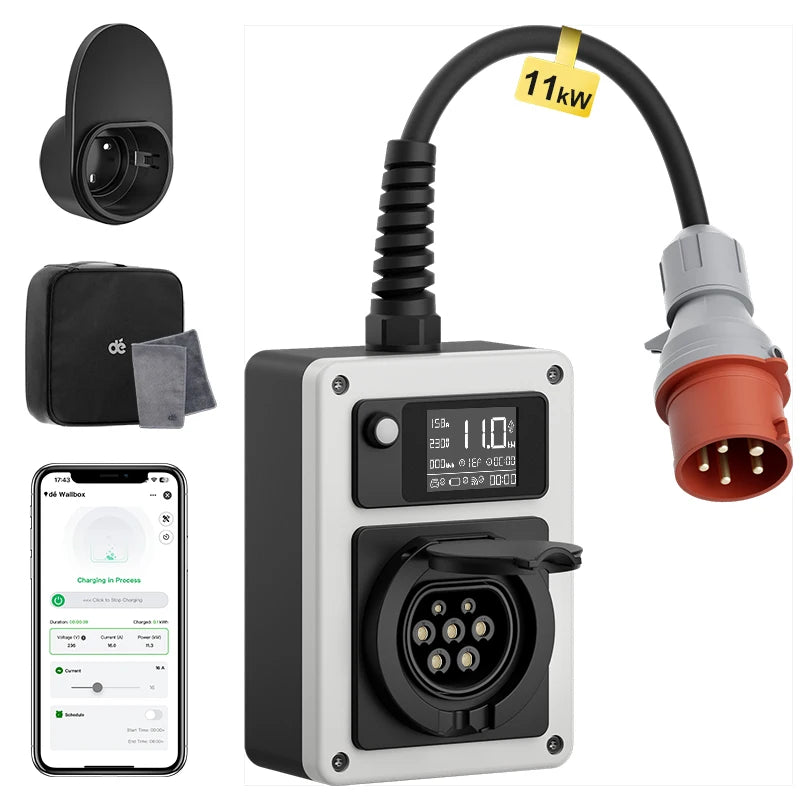 Wallbox Mobilny 11kW/22kW CEE Type 2 - Ładowarka EV 16A/32A 3-Fazy RFID WiFi