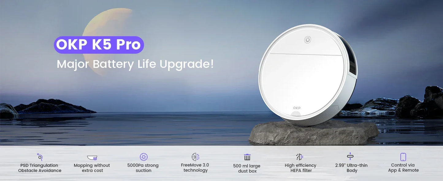 Robot Odkurzający OKP K5P 500Pa WiFi - Samoładujący