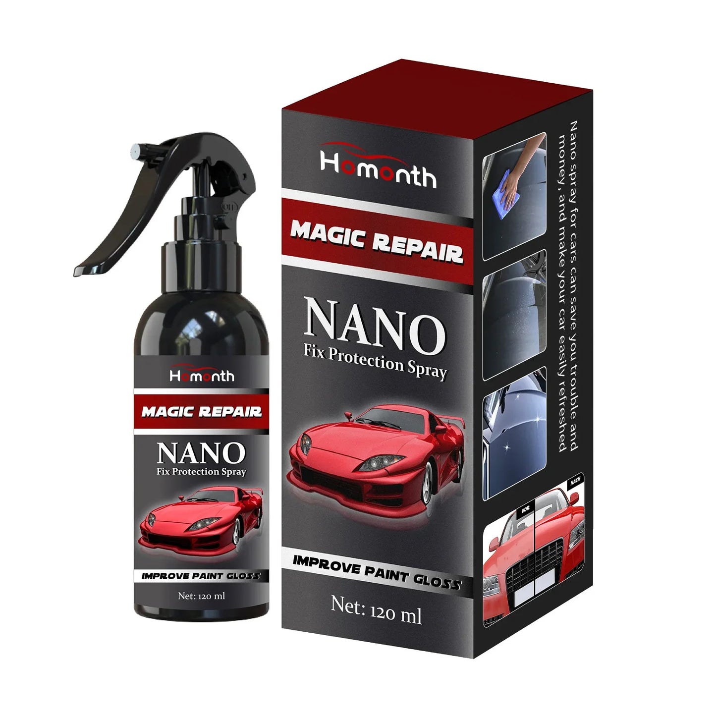 Nano Fix Protection Spray for cars, black 120ml bottle and box with red sports car, QualitetMarket