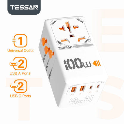 Adapter Podróżny TESSAN 140W GaN - Uniwersalny EU/UK/US/AUS + 4x USB