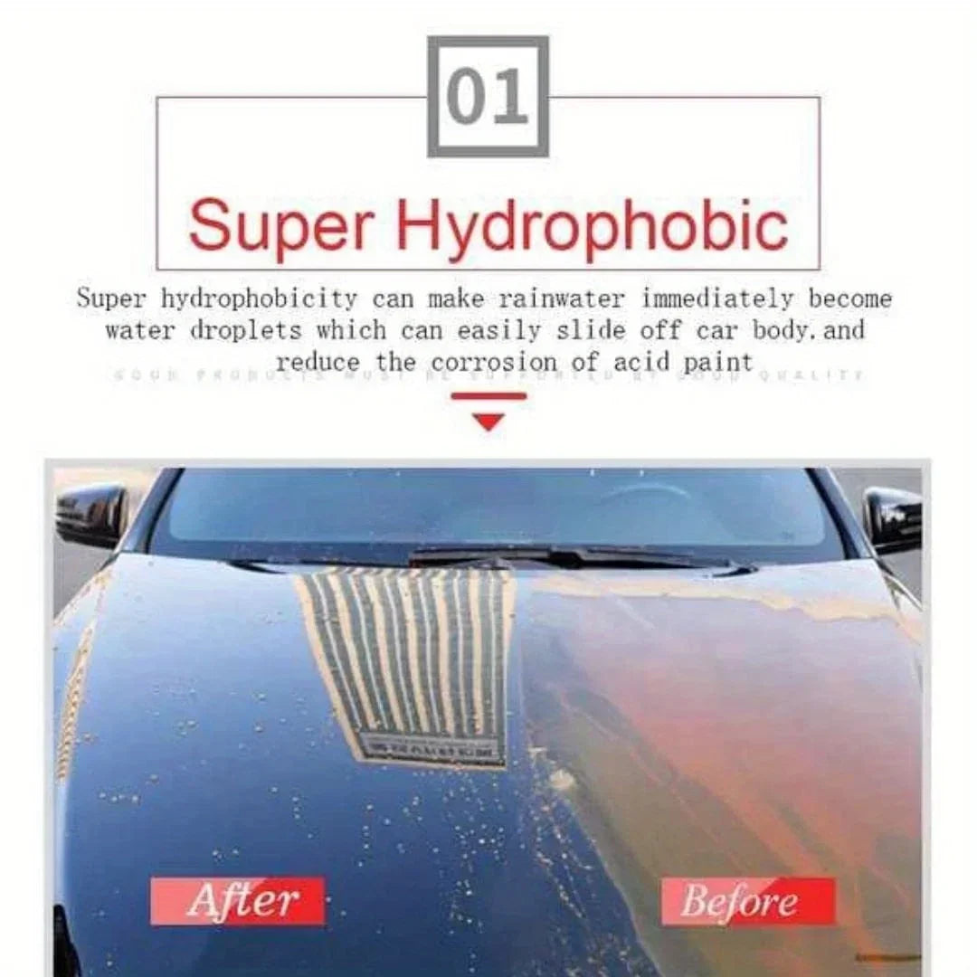 Car hood with super hydrophobic coating, showing water beading effect side-by-side before and after.