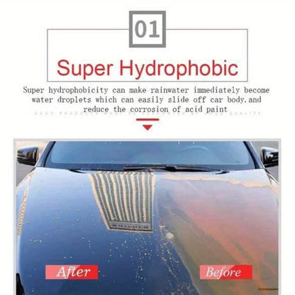 Car hood with super hydrophobic coating, showing water beading effect side-by-side before and after.
