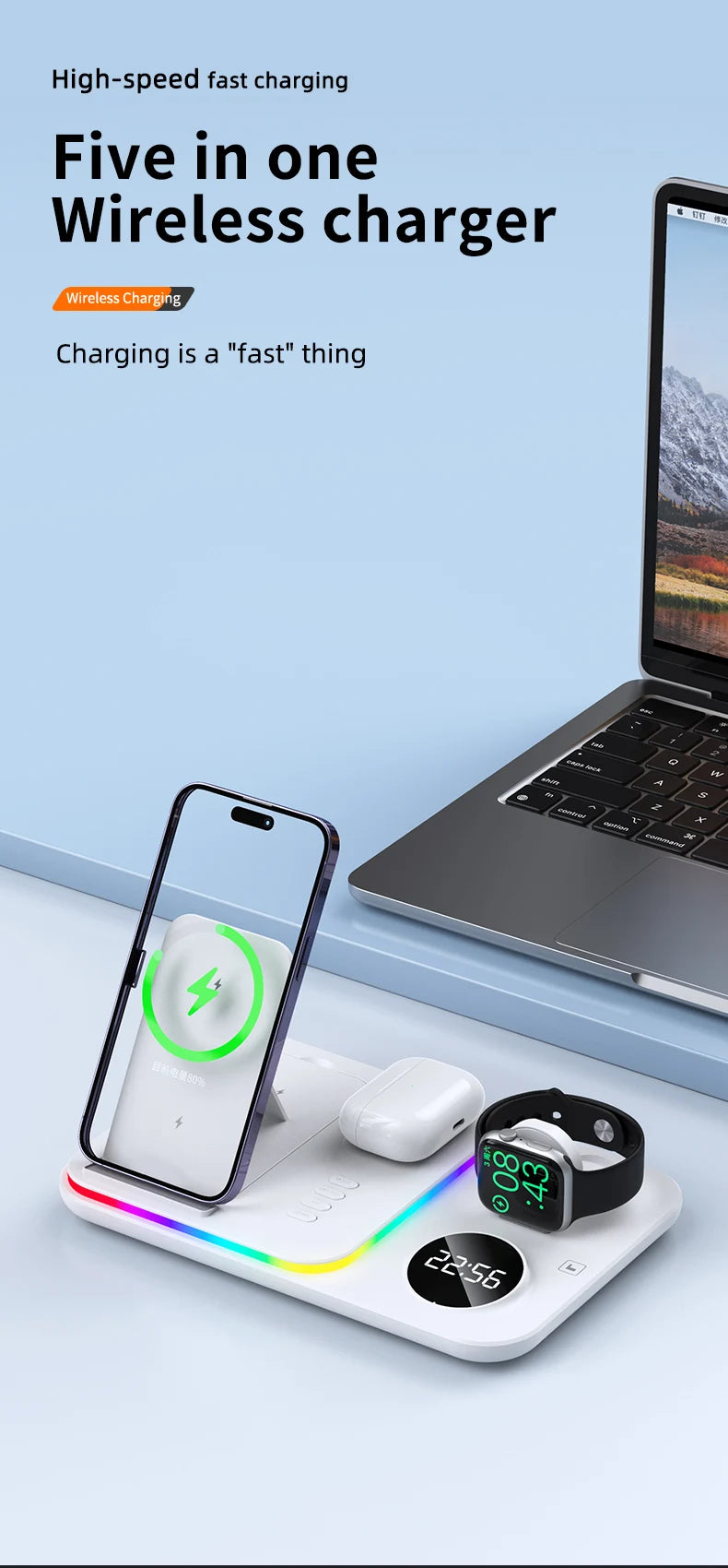 Ładowarka Bezprzewodowa 5w1 RGB - iPhone 17/16/15 Samsung Apple Watch