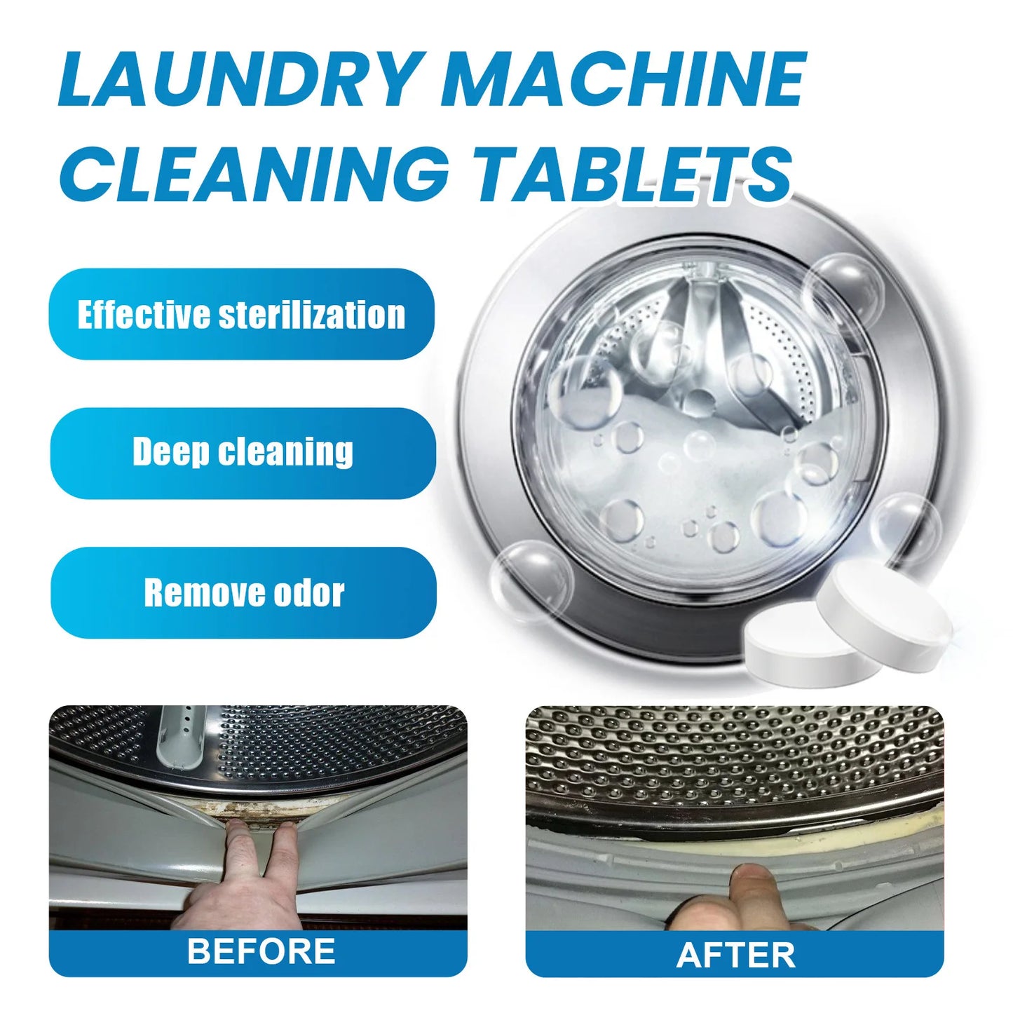 5g Washing Machine Cleaner Tablets, Effervescent Deep Cleaning & Deodorizing for Front/Top Load Washers, Removes Dirt & Odors