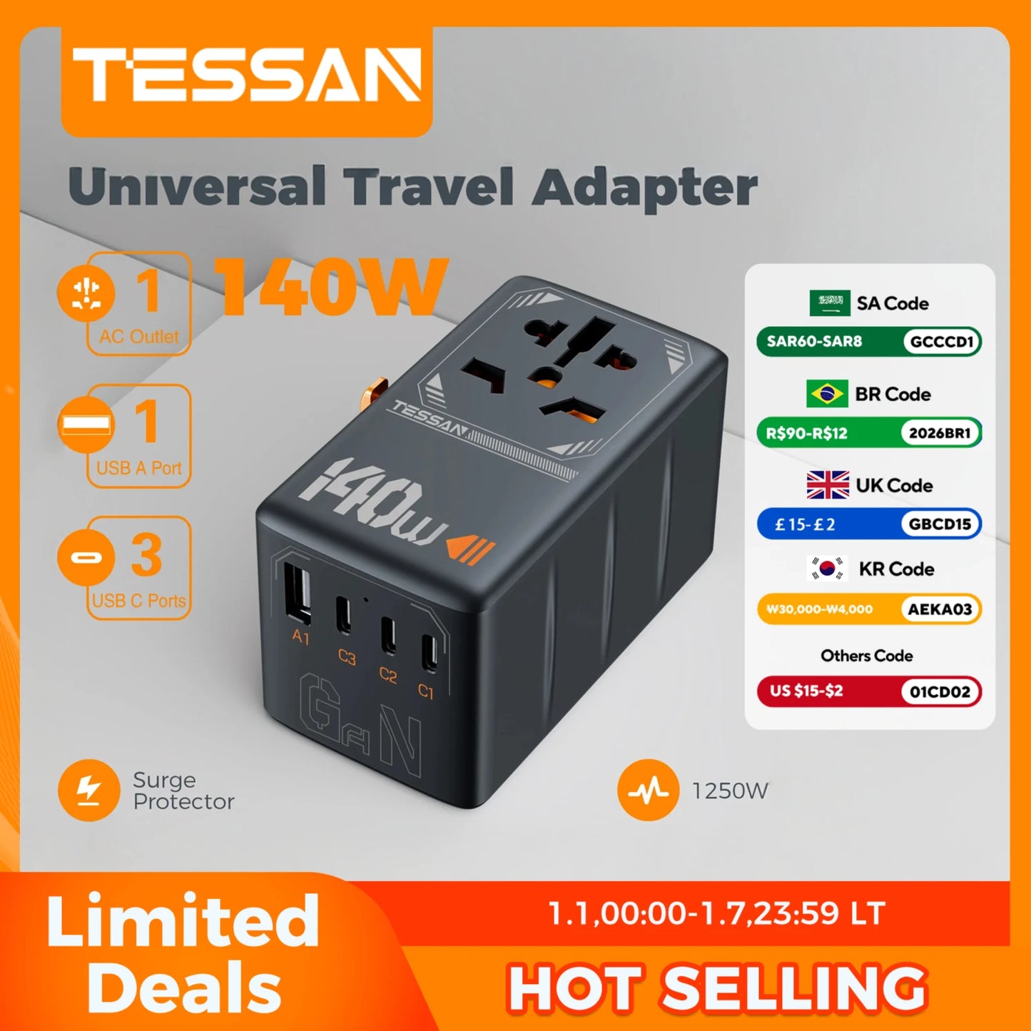 Adapter Podróżny TESSAN 140W GaN - Uniwersalny EU/UK/US/AUS + 4x USB