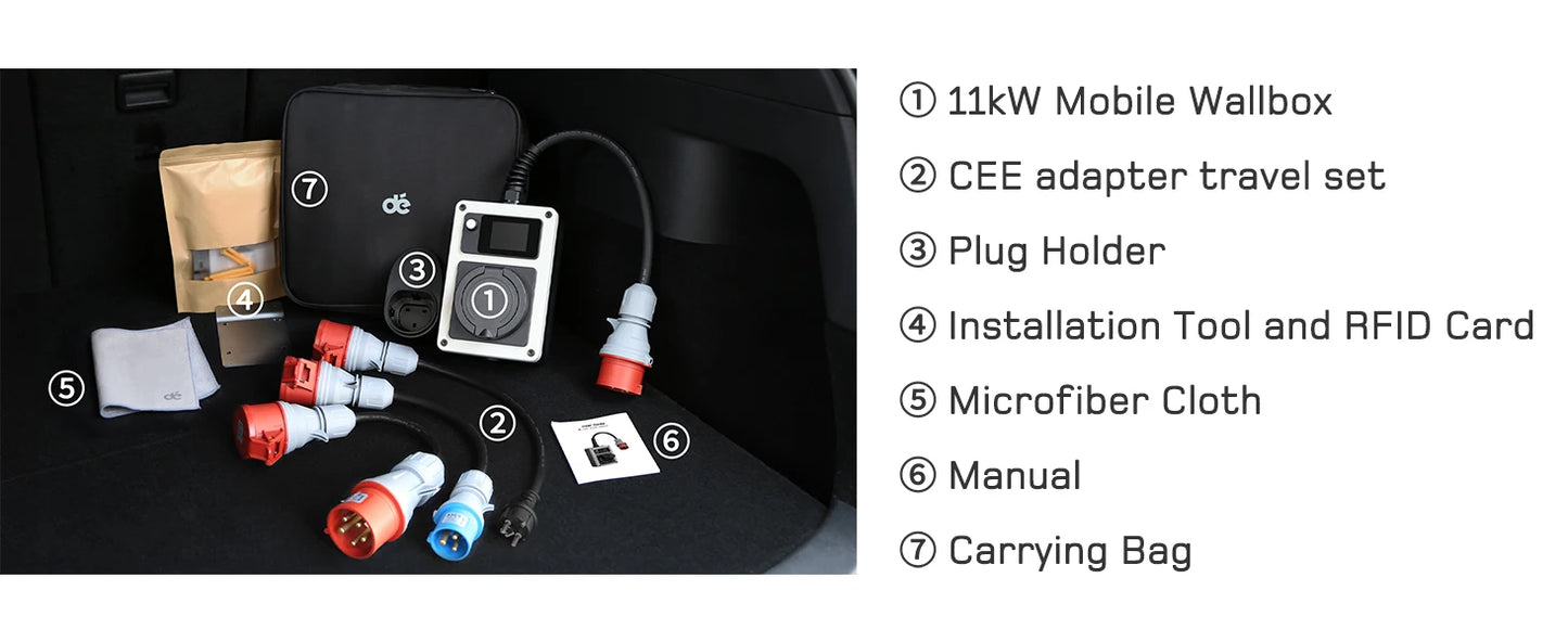 Wallbox Mobilny 11kW/22kW CEE Type 2 - Ładowarka EV 16A/32A 3-Fazy RFID WiFi