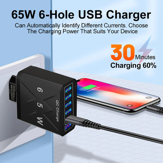 Ładowarka 65W 6 Portów USB QC3.0 - Podróżna iPhone 14 Samsung Xiaomi EU/US/UK