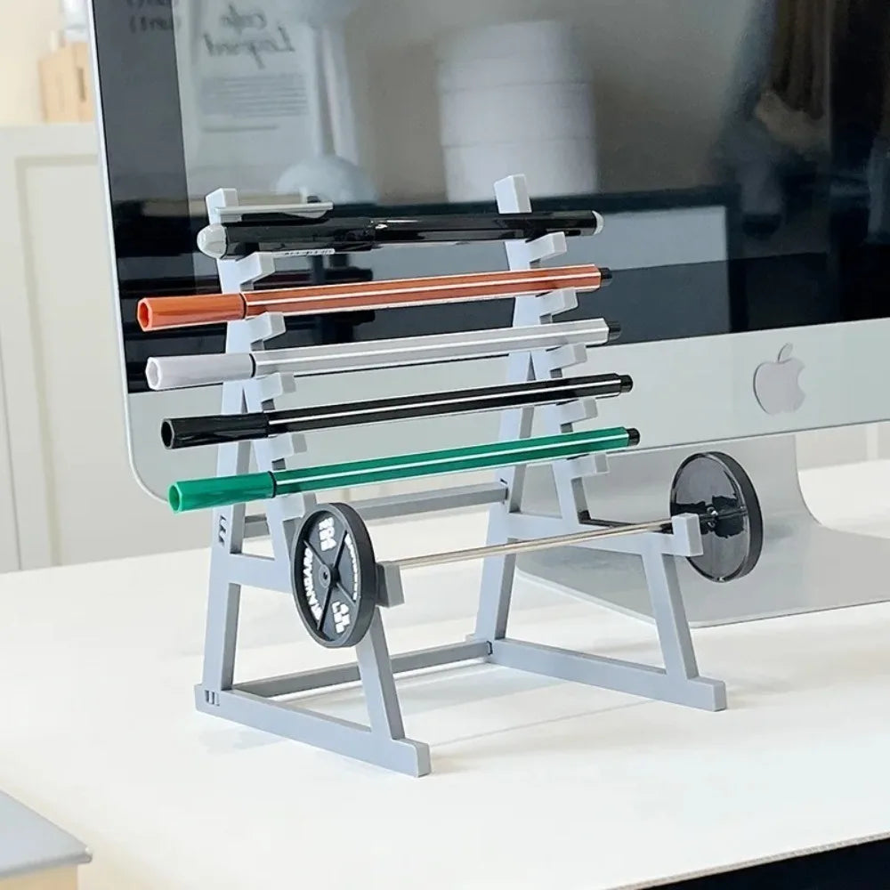 Stojak na Długopisy w Kształcie Stojaka na Sztangę - Metalowy Organizer Fitness Motyw Siłowni