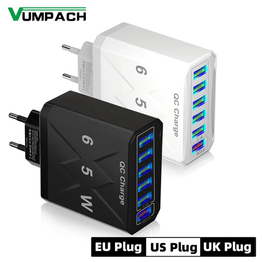 Ładowarka 65W 6 Portów USB QC3.0 - Podróżna iPhone 14 Samsung Xiaomi EU/US/UK