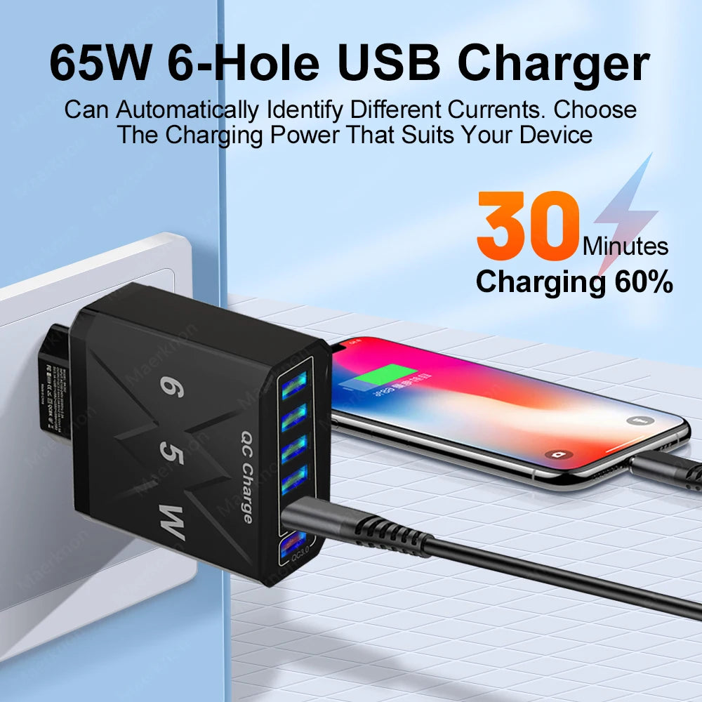 Ładowarka Sieciowa 65W 6 Portów USB - Stacja Ładowania QC3.0