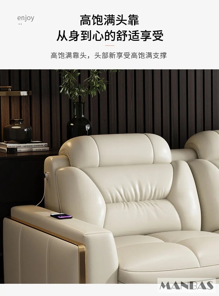 Sofa Narożna MANBAS ze Skóry Włoskiej - USB Bluetooth LED Schowek